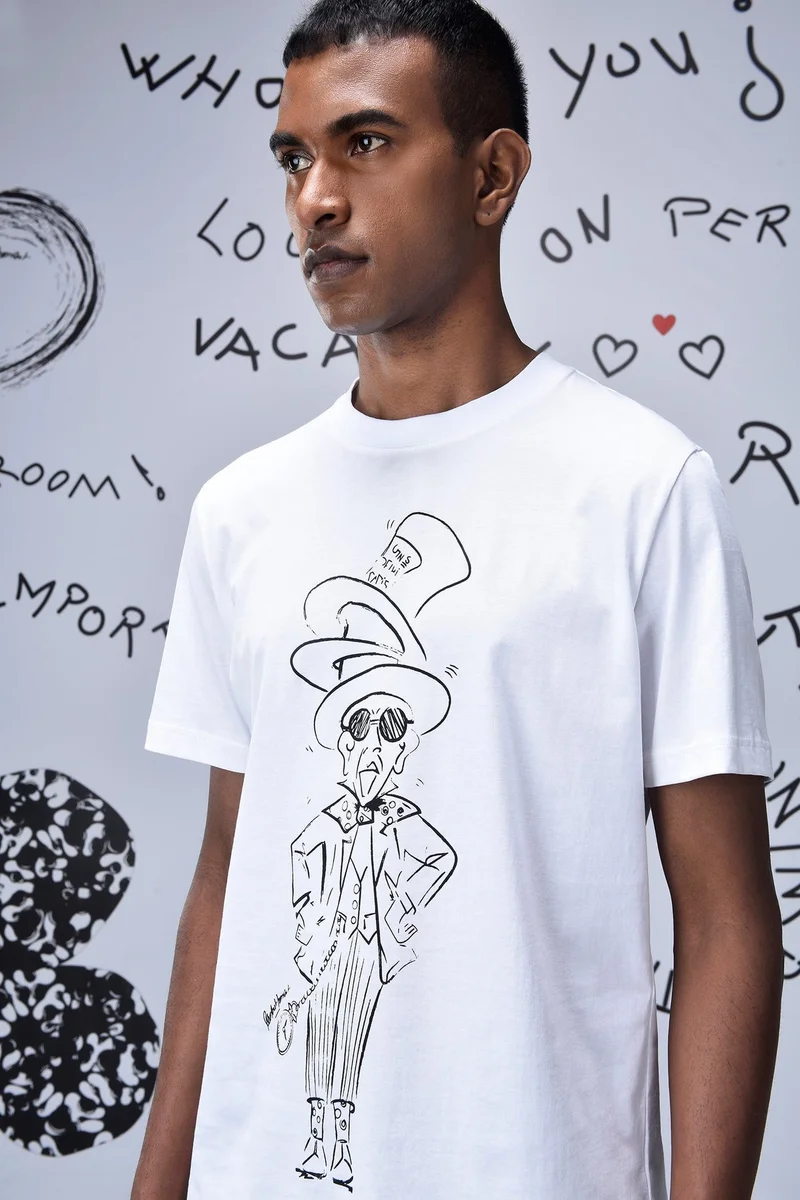 Genes Lecoanet Hemant White Cotton Single Jersey T-Shirt with Sketch Graphic Print